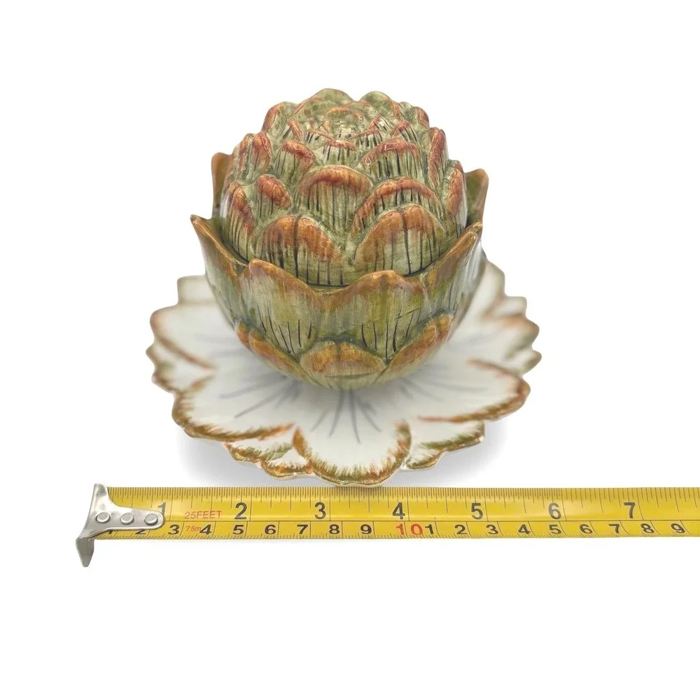 Vintage Artichoke Majolica Ceramic Pottery Sauce Bowl Lid Plate Italy Jam Jar